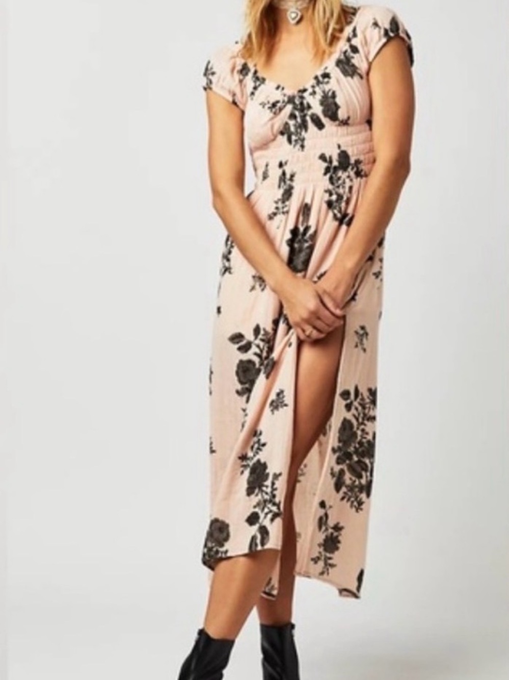 Free People Blush Pink Floral Maxi Dress with Black Print